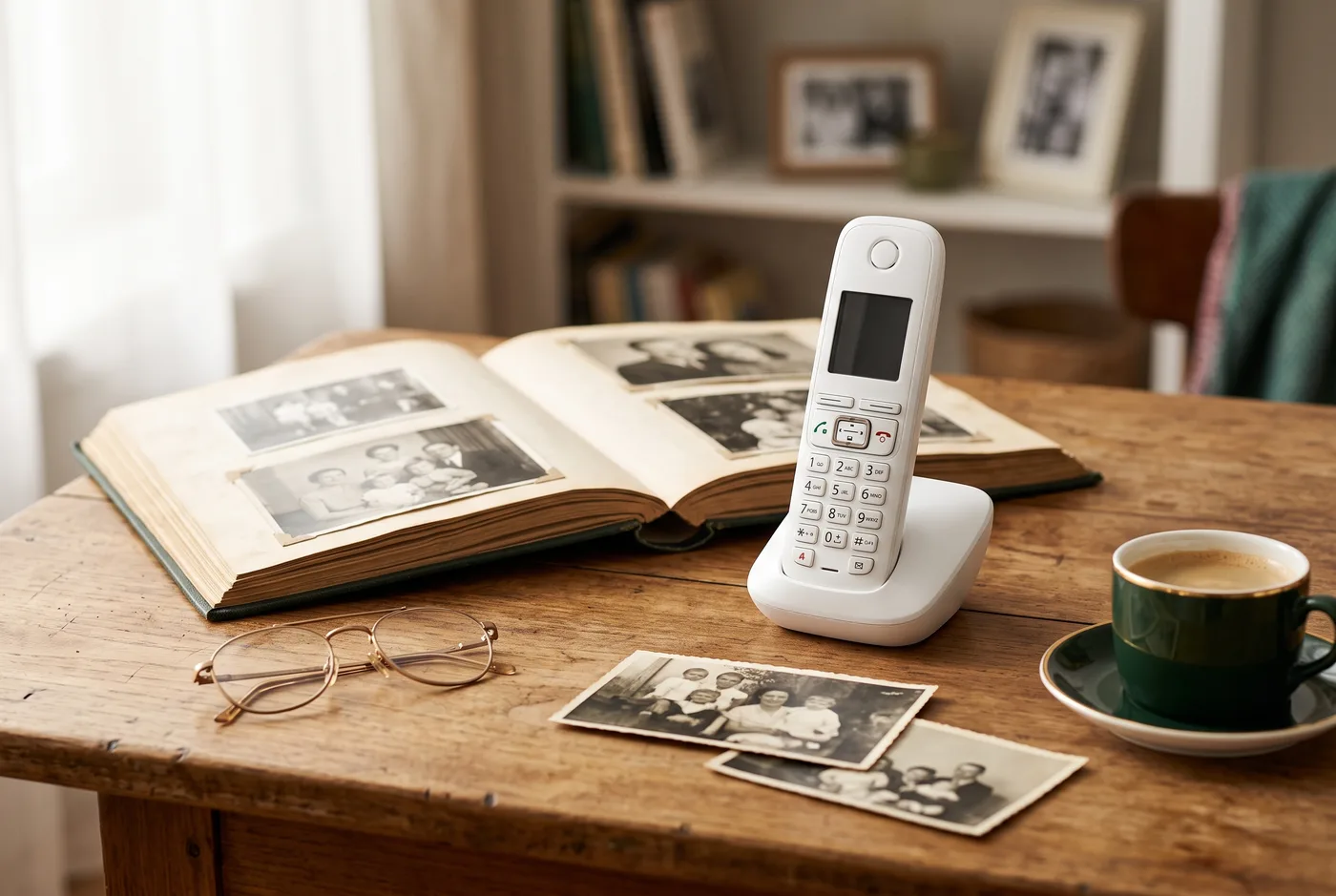 Un teléfono inalámbrico sobre una mesa de madera, junto a un álbum familiar abierto con fotografías antiguas en blanco y negro, unas gafas y una taza de café